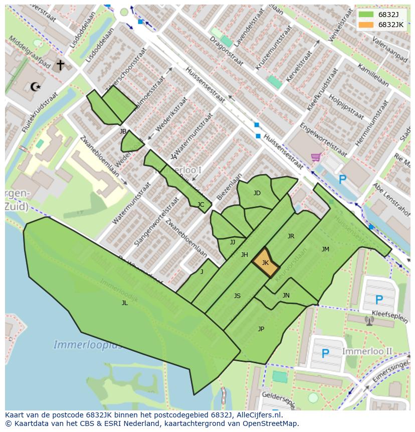 Afbeelding van het postcodegebied 6832 JK op de kaart.
