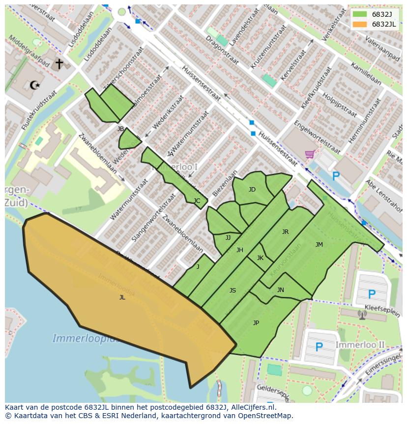 Afbeelding van het postcodegebied 6832 JL op de kaart.