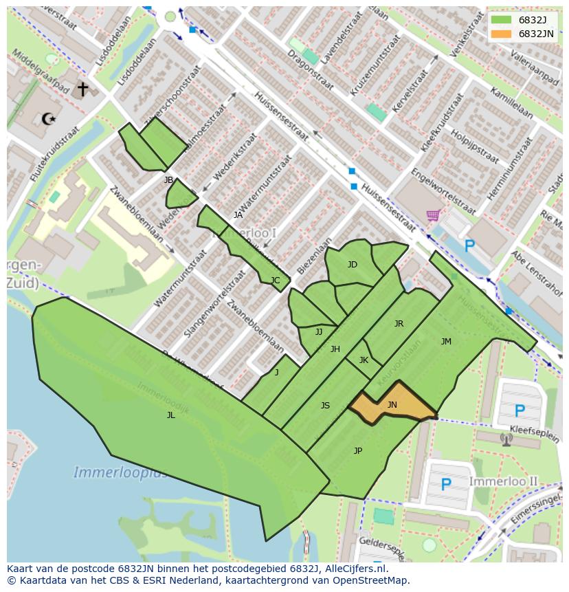 Afbeelding van het postcodegebied 6832 JN op de kaart.