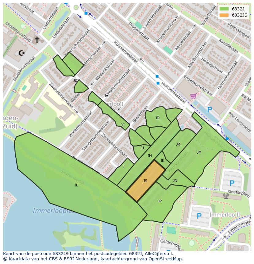 Afbeelding van het postcodegebied 6832 JS op de kaart.