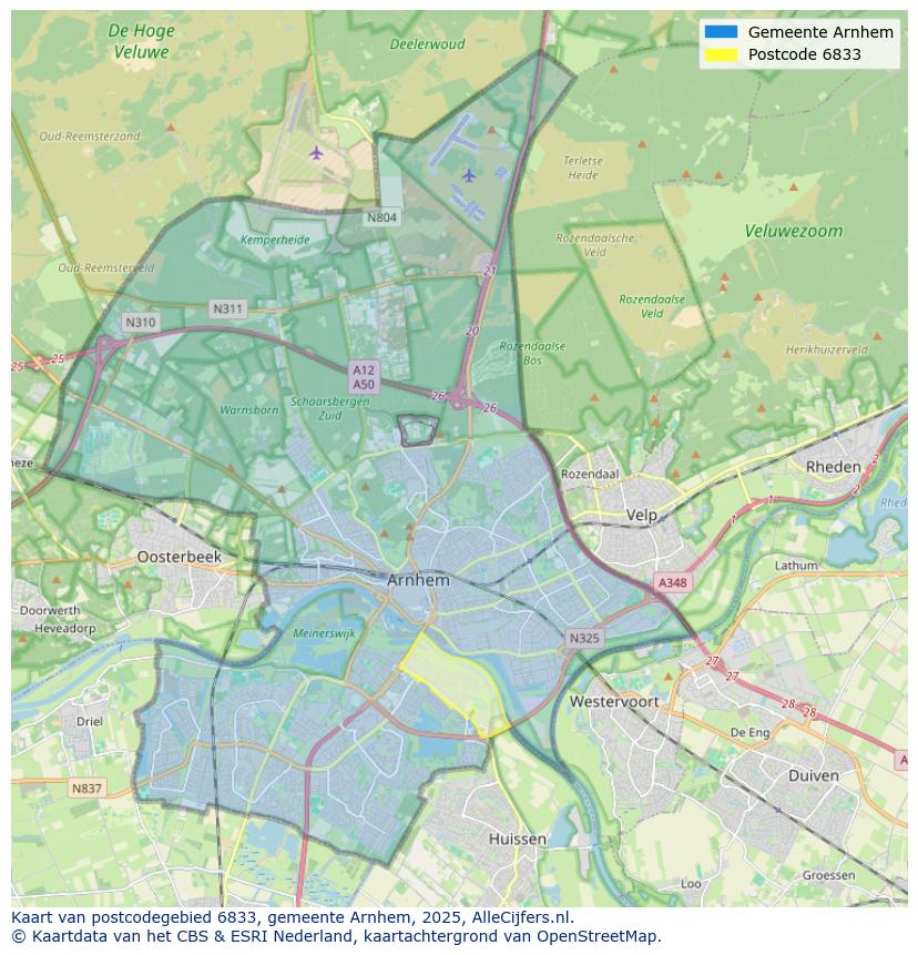 Afbeelding van het postcodegebied 6833 op de kaart.