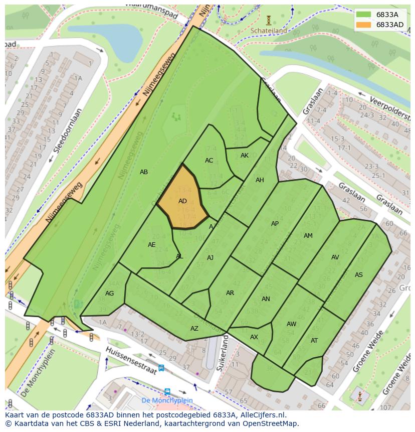 Afbeelding van het postcodegebied 6833 AD op de kaart.
