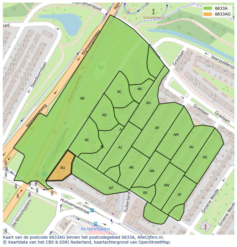 Afbeelding van het postcodegebied 6833 AG op de kaart.