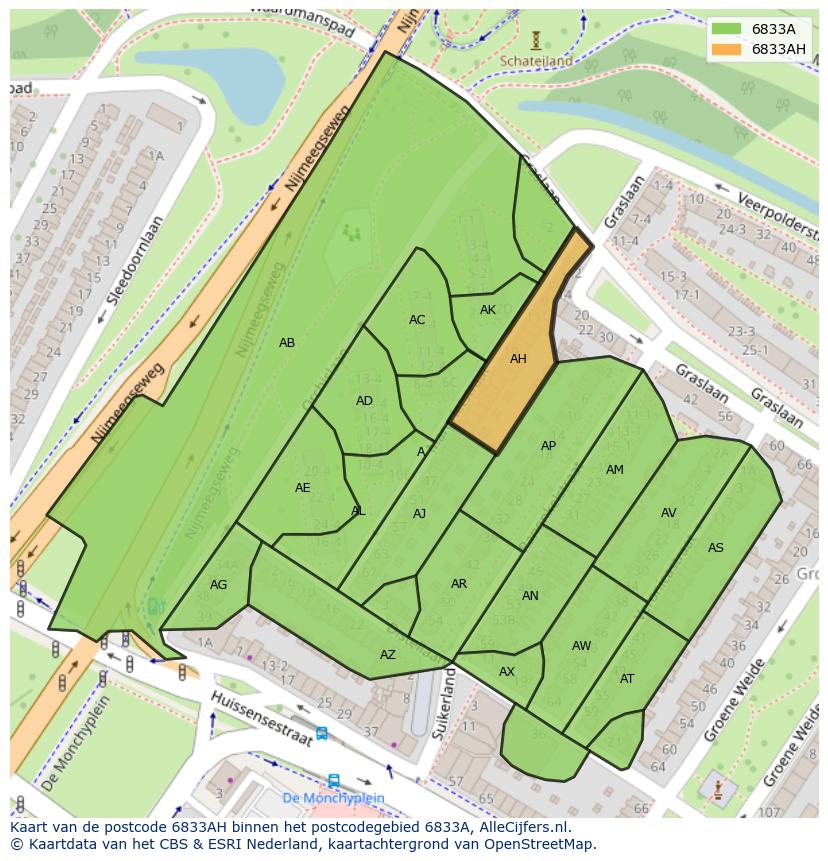 Afbeelding van het postcodegebied 6833 AH op de kaart.
