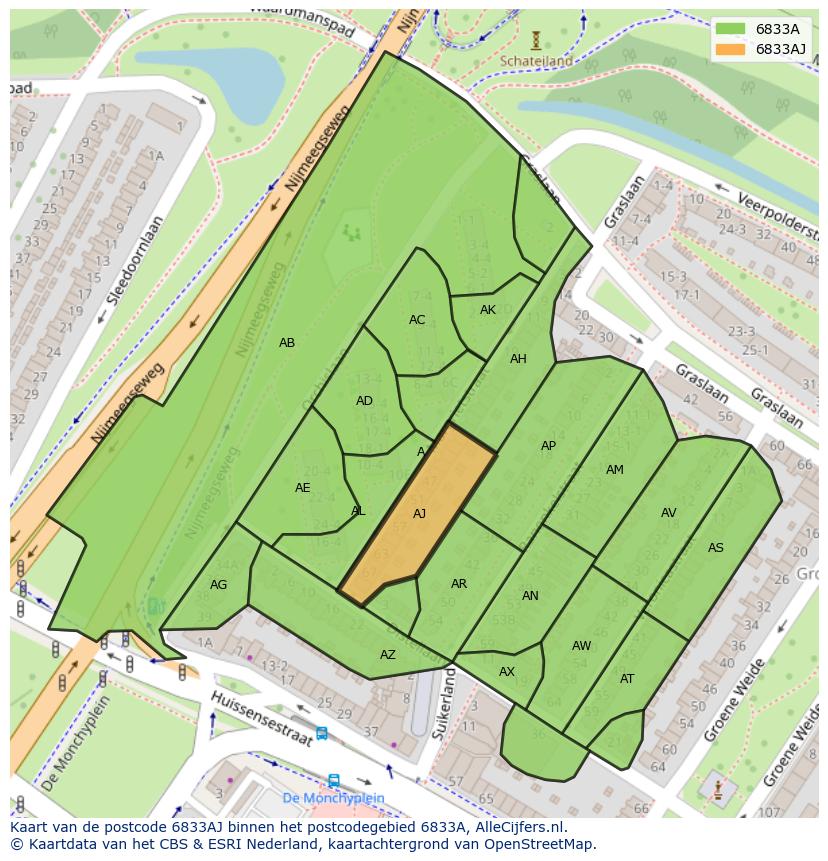 Afbeelding van het postcodegebied 6833 AJ op de kaart.