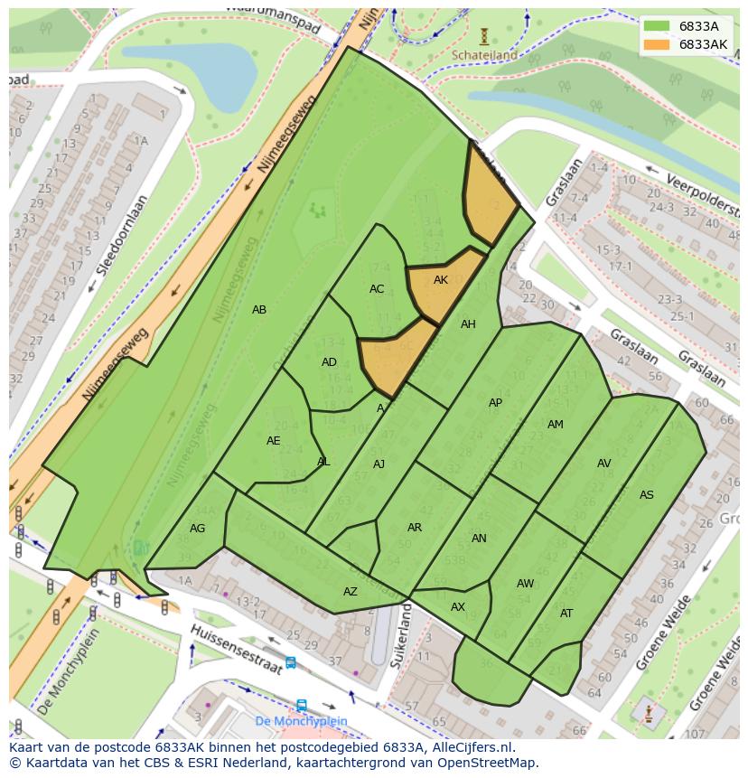 Afbeelding van het postcodegebied 6833 AK op de kaart.