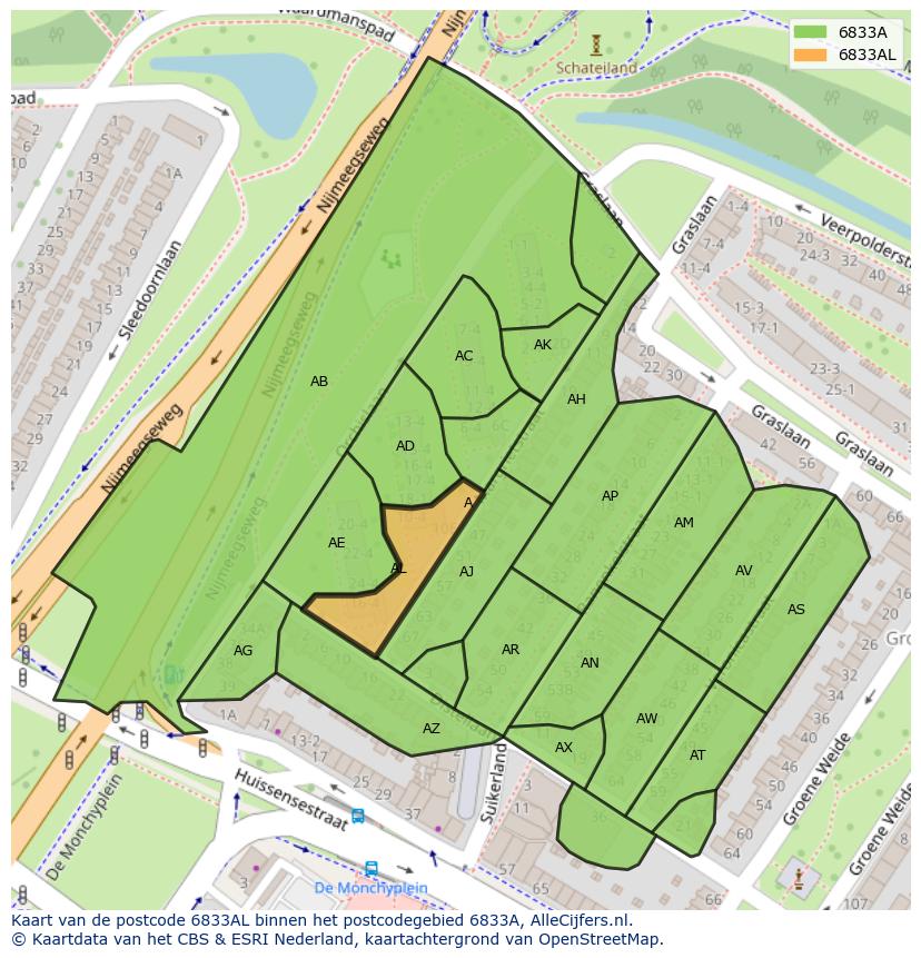 Afbeelding van het postcodegebied 6833 AL op de kaart.
