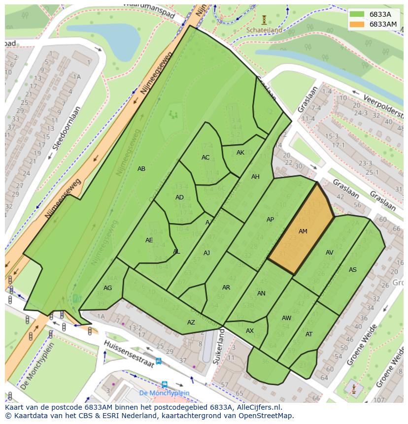 Afbeelding van het postcodegebied 6833 AM op de kaart.