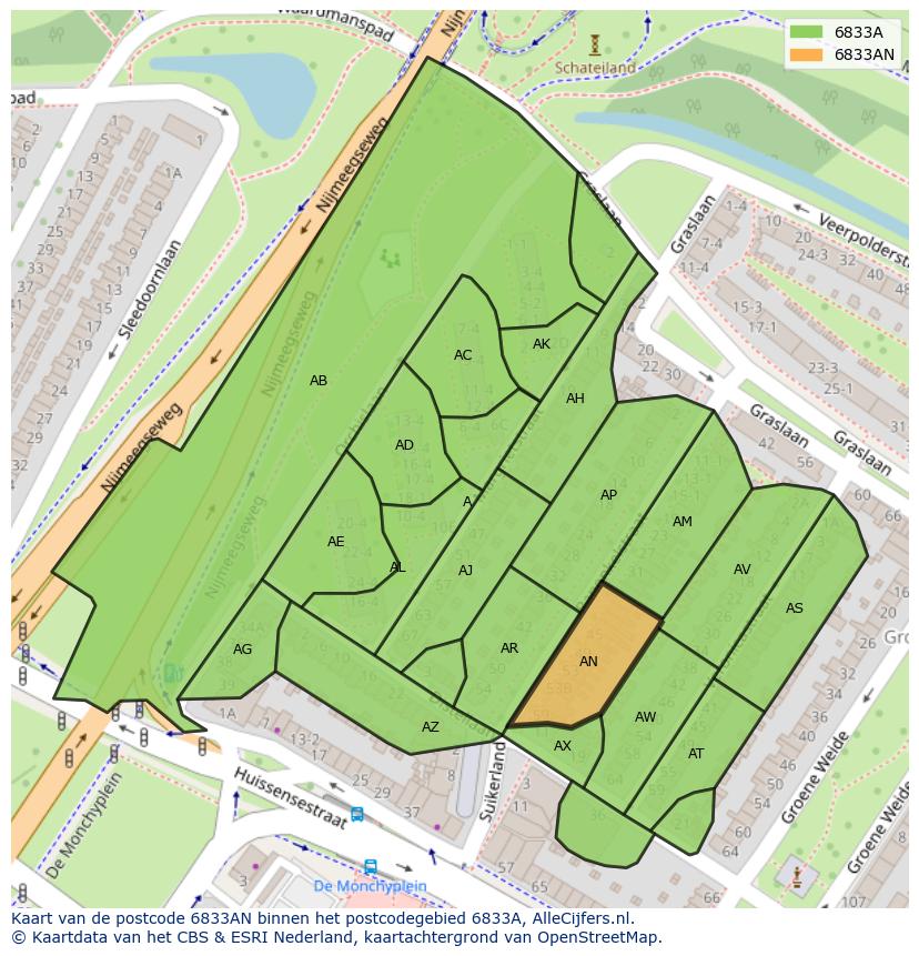 Afbeelding van het postcodegebied 6833 AN op de kaart.