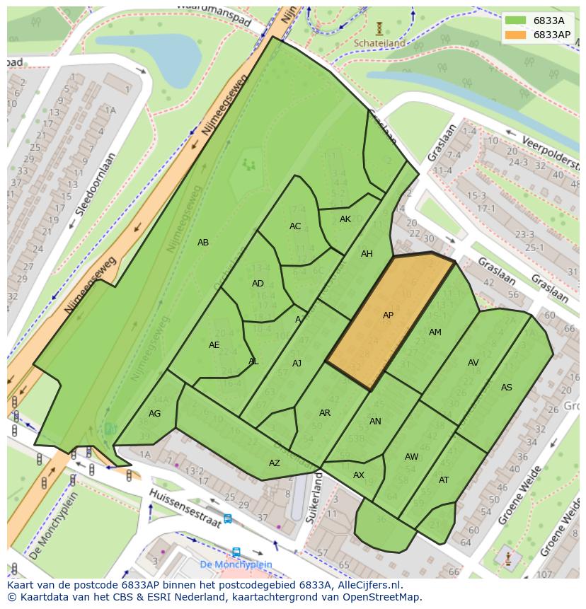 Afbeelding van het postcodegebied 6833 AP op de kaart.