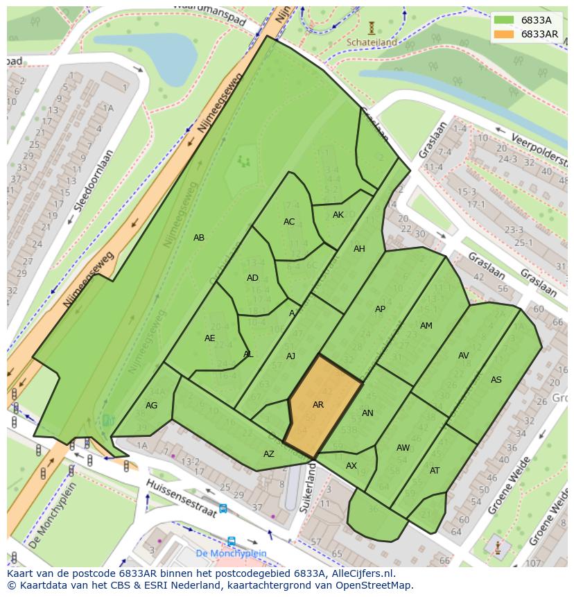 Afbeelding van het postcodegebied 6833 AR op de kaart.