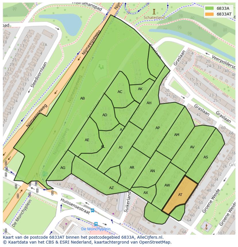 Afbeelding van het postcodegebied 6833 AT op de kaart.