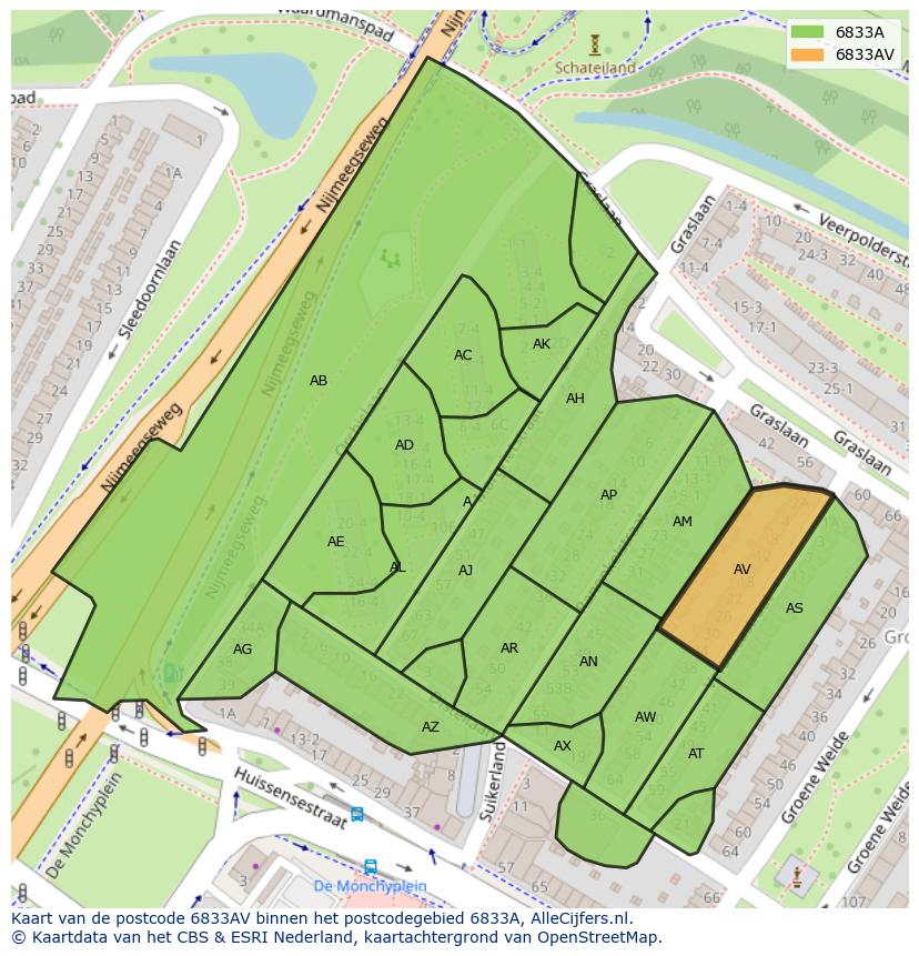 Afbeelding van het postcodegebied 6833 AV op de kaart.