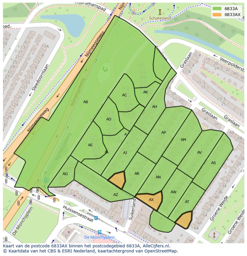 Afbeelding van het postcodegebied 6833 AX op de kaart.