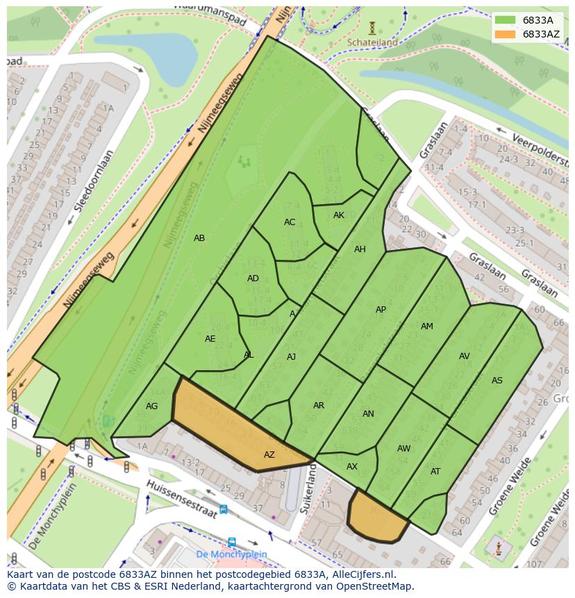 Afbeelding van het postcodegebied 6833 AZ op de kaart.