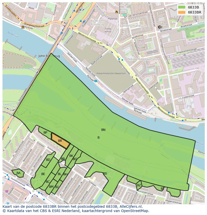 Afbeelding van het postcodegebied 6833 BR op de kaart.