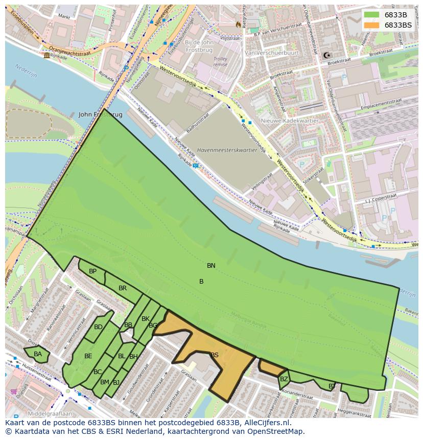 Afbeelding van het postcodegebied 6833 BS op de kaart.