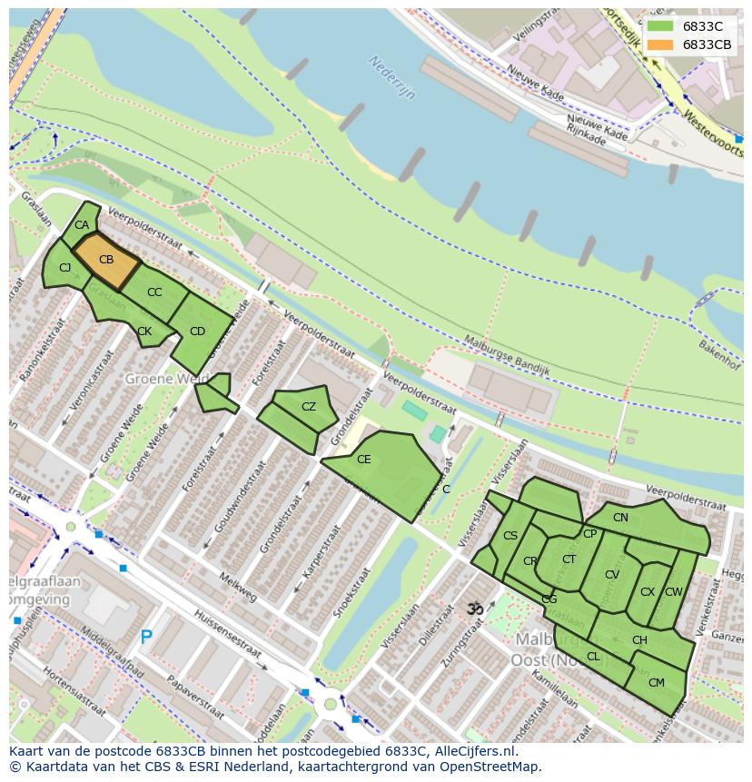 Afbeelding van het postcodegebied 6833 CB op de kaart.