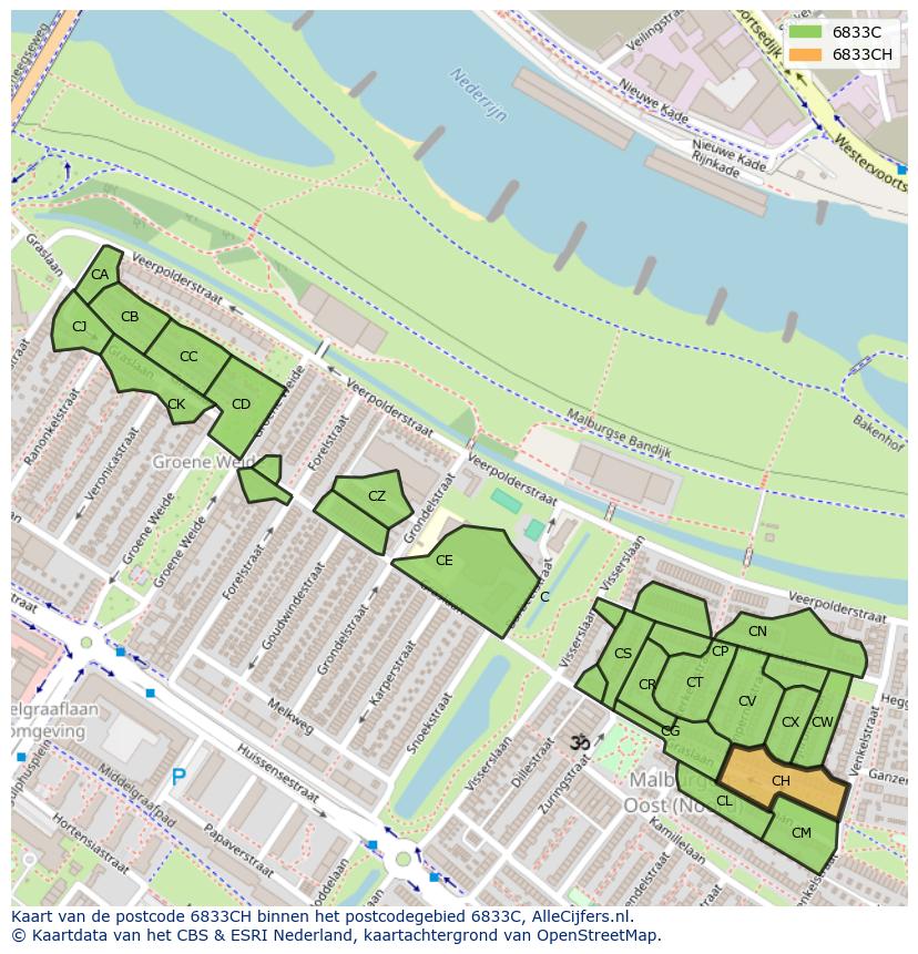 Afbeelding van het postcodegebied 6833 CH op de kaart.