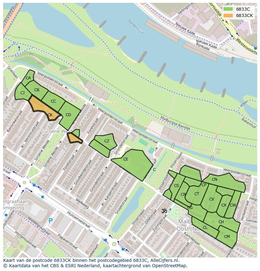 Afbeelding van het postcodegebied 6833 CK op de kaart.