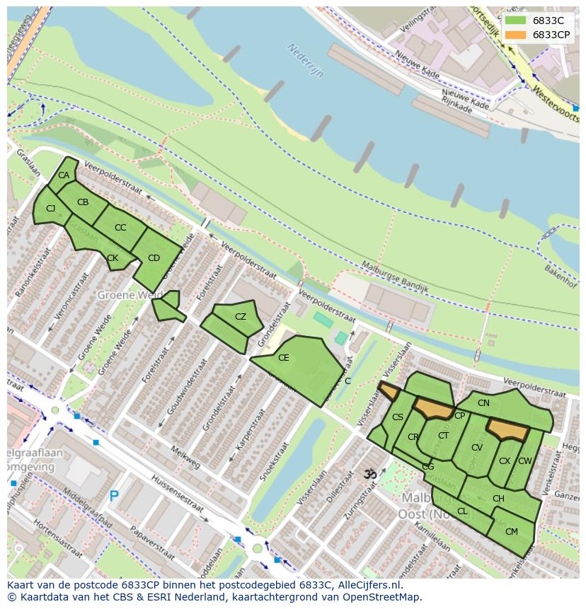 Afbeelding van het postcodegebied 6833 CP op de kaart.