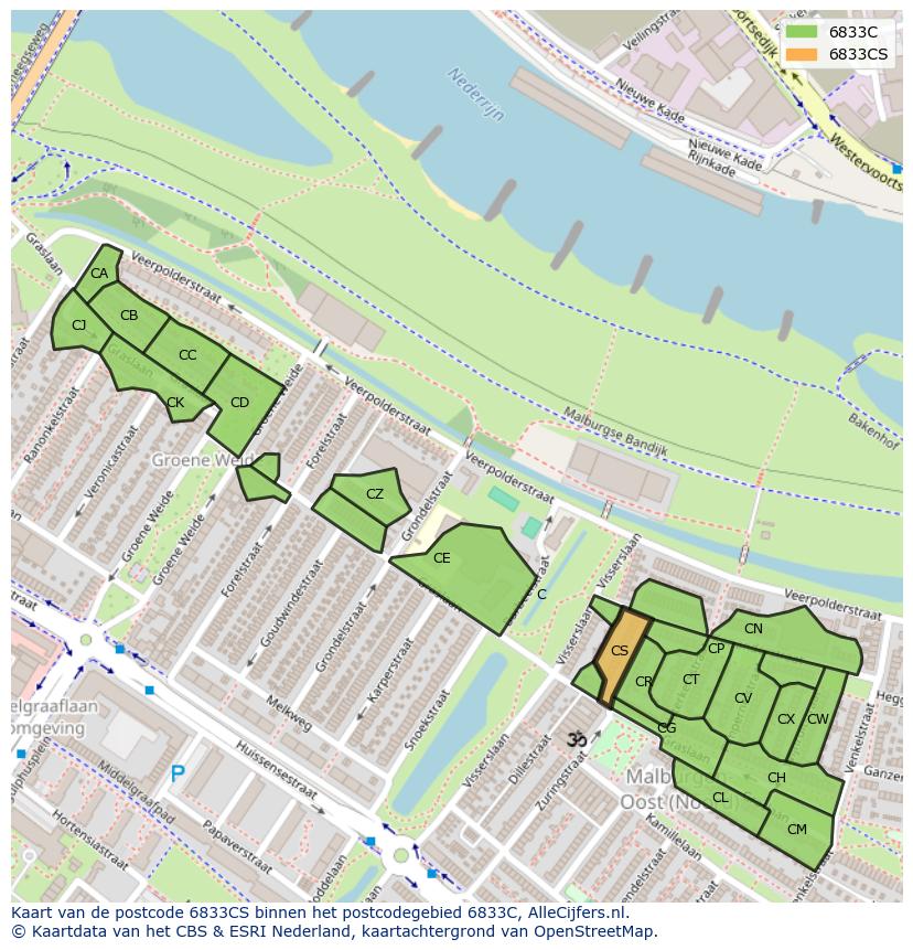 Afbeelding van het postcodegebied 6833 CS op de kaart.