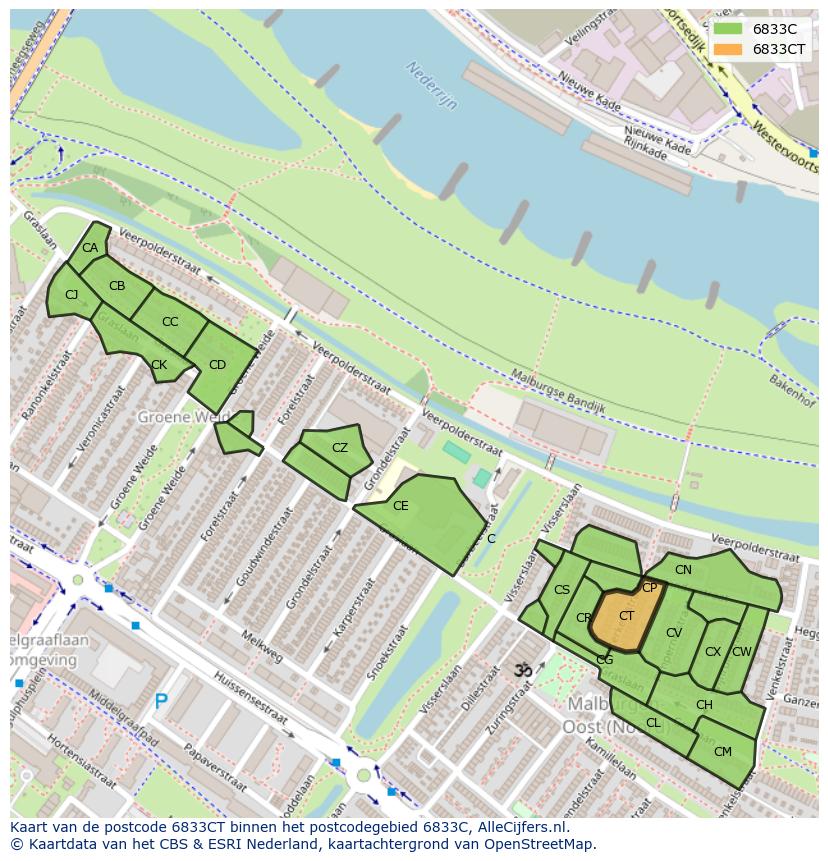Afbeelding van het postcodegebied 6833 CT op de kaart.