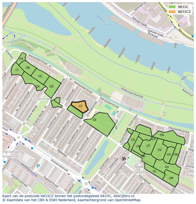 Afbeelding van het postcodegebied 6833 CZ op de kaart.