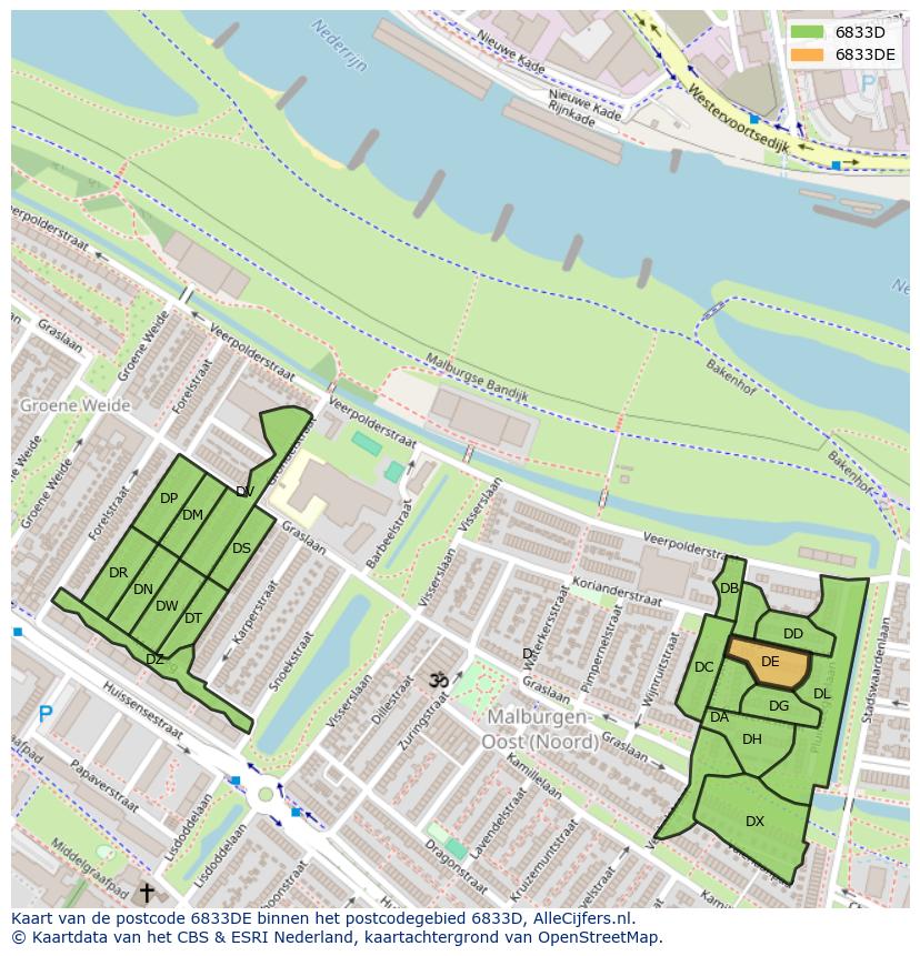 Afbeelding van het postcodegebied 6833 DE op de kaart.