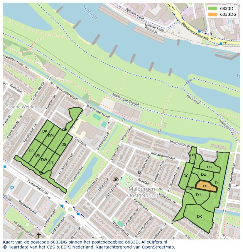 Afbeelding van het postcodegebied 6833 DG op de kaart.