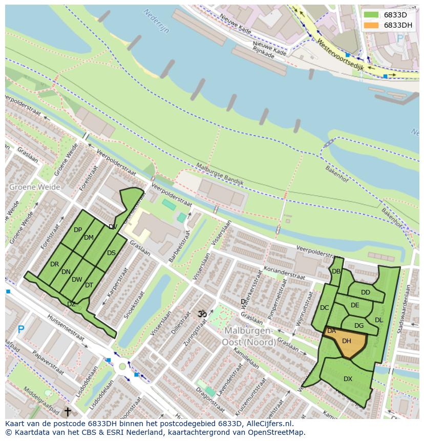Afbeelding van het postcodegebied 6833 DH op de kaart.