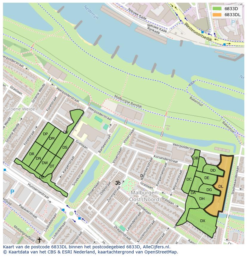Afbeelding van het postcodegebied 6833 DL op de kaart.