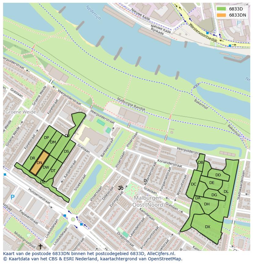 Afbeelding van het postcodegebied 6833 DN op de kaart.
