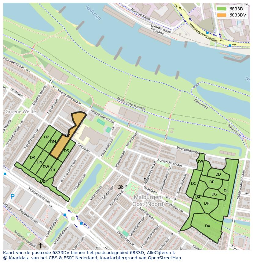 Afbeelding van het postcodegebied 6833 DV op de kaart.