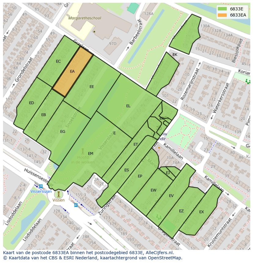 Afbeelding van het postcodegebied 6833 EA op de kaart.