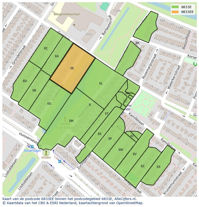 Afbeelding van het postcodegebied 6833 EE op de kaart.