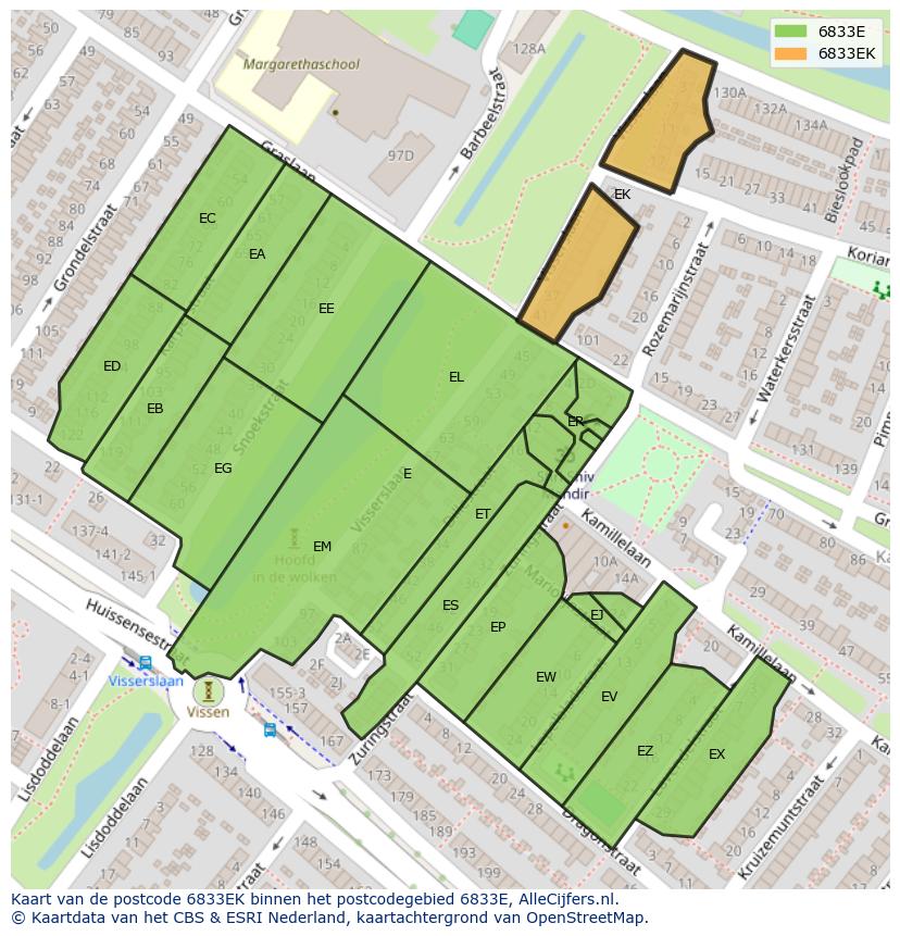 Afbeelding van het postcodegebied 6833 EK op de kaart.