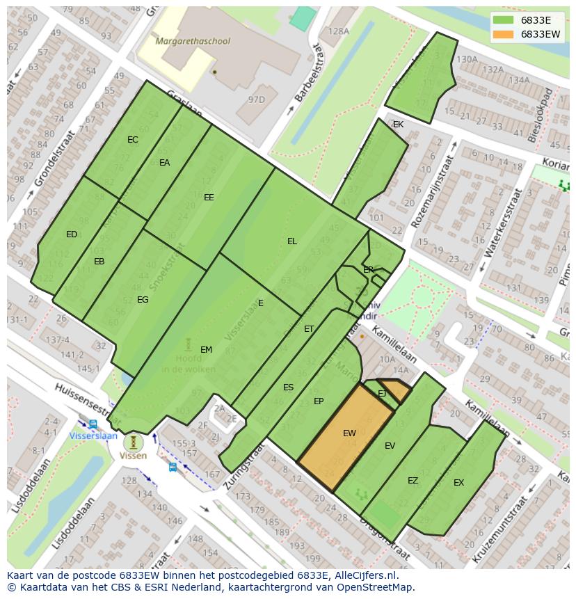 Afbeelding van het postcodegebied 6833 EW op de kaart.