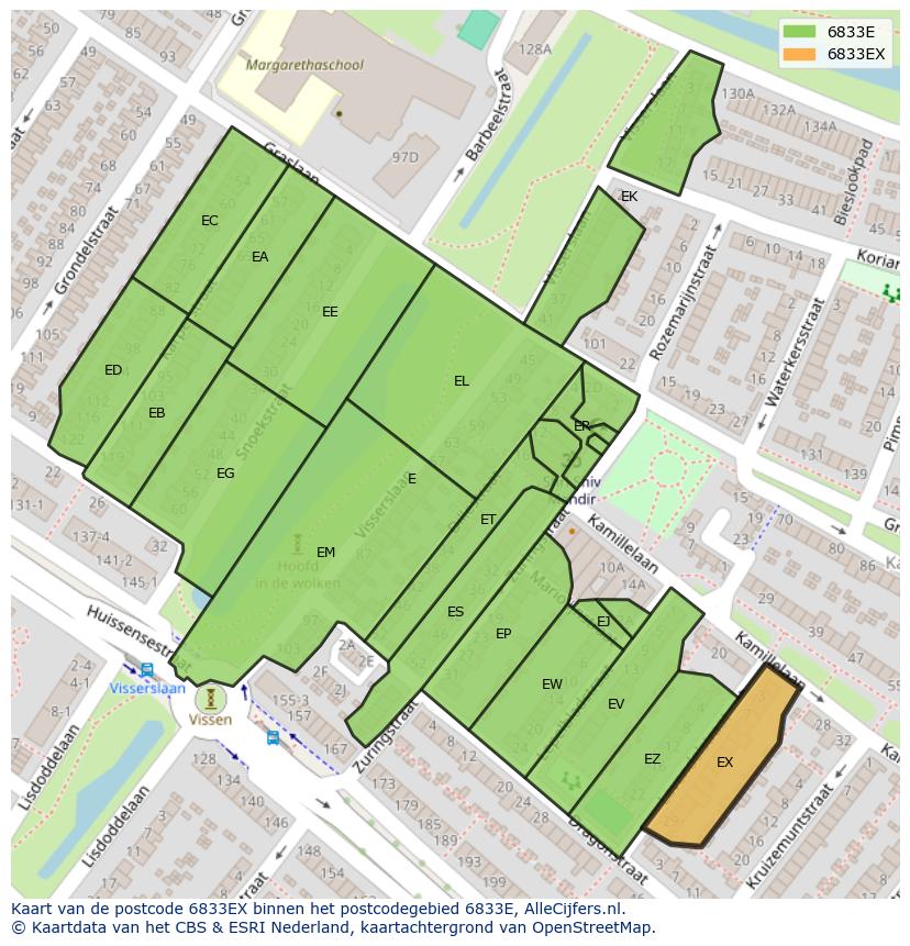Afbeelding van het postcodegebied 6833 EX op de kaart.