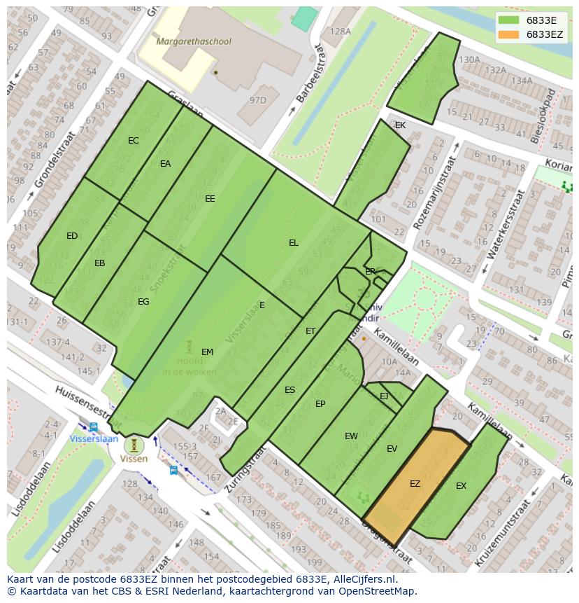 Afbeelding van het postcodegebied 6833 EZ op de kaart.