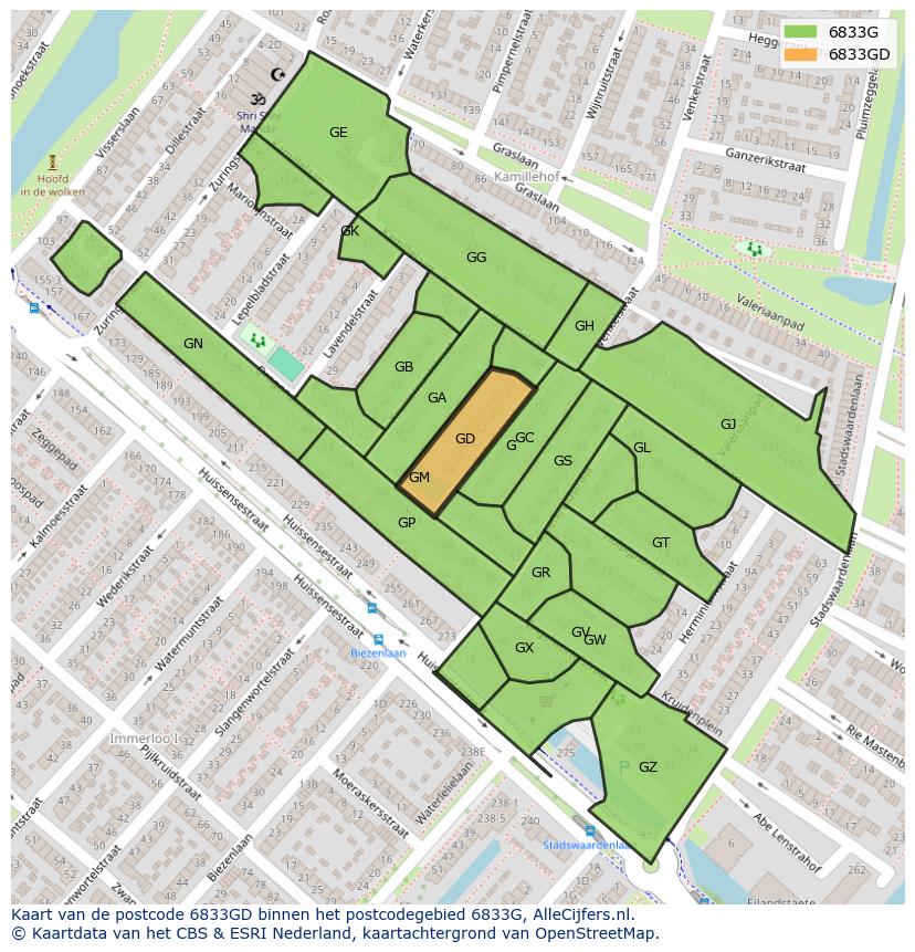 Afbeelding van het postcodegebied 6833 GD op de kaart.