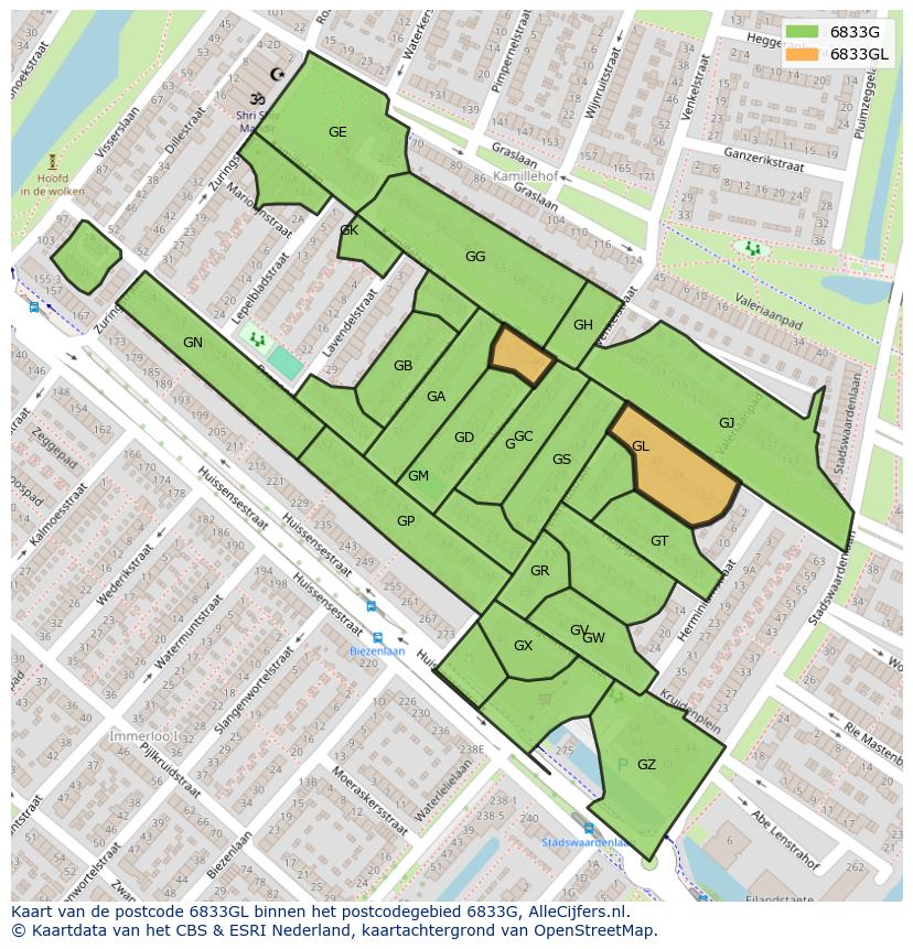 Afbeelding van het postcodegebied 6833 GL op de kaart.