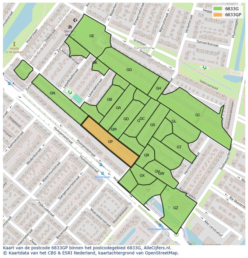 Afbeelding van het postcodegebied 6833 GP op de kaart.