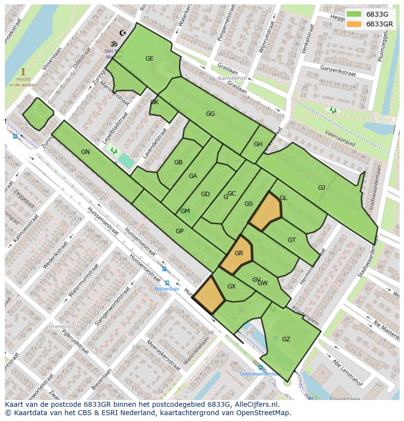 Afbeelding van het postcodegebied 6833 GR op de kaart.