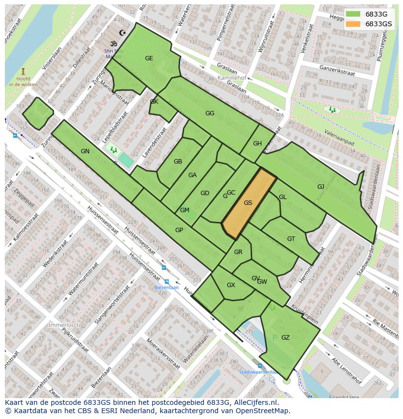 Afbeelding van het postcodegebied 6833 GS op de kaart.