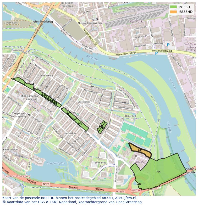 Afbeelding van het postcodegebied 6833 HD op de kaart.