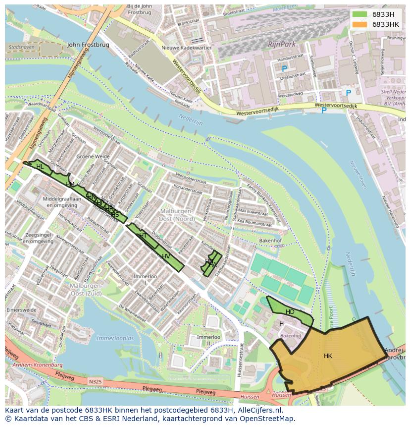 Afbeelding van het postcodegebied 6833 HK op de kaart.