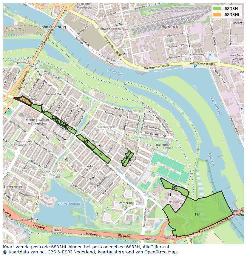 Afbeelding van het postcodegebied 6833 HL op de kaart.