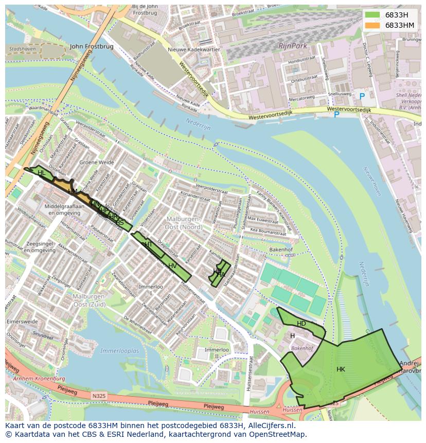 Afbeelding van het postcodegebied 6833 HM op de kaart.