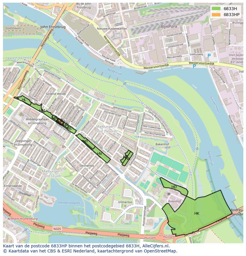 Afbeelding van het postcodegebied 6833 HP op de kaart.